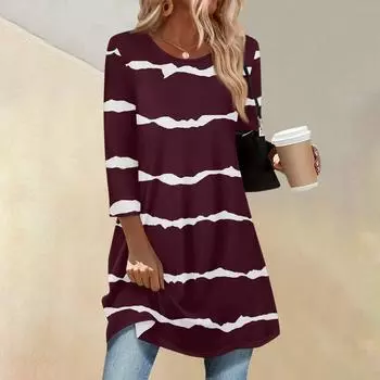 Women s Fashion Casual Three-quarter Sleeve Long Geometric Stripe Printed Round Neck Top S