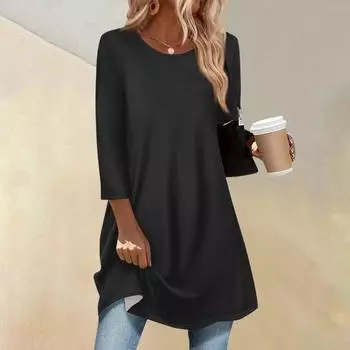 Women s Fashion Casual Three-quarter Sleeve Long Solid Color Round Neck Top L чёрный