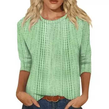 Women s Fashion Casual Three-quarter Sleeve Textured Printed Round Neck Top L