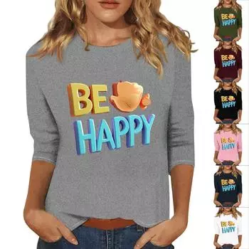 Women s Fashion Casual Three-quarter Sleeve Letter Print Round Neck Pullover Top M тёмно-синий