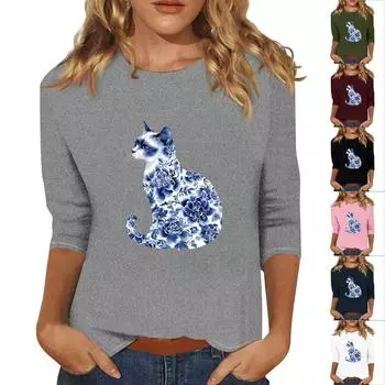 Women s Fashion Casual Three-quarter Sleeve Porcelain Cat Print Round Neck Pullover XL чёрный
