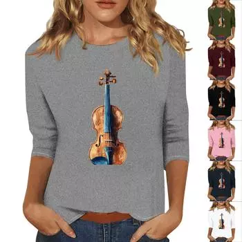 Women s Fashion Casual Three-quarter Sleeve Guitar Print Round Neck Pullover Top S розовый