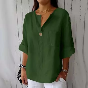 Women s Fashion Casual V-Neck Buttoned Seven-Point Sleeve Cotton Linen Top L армия зеленый