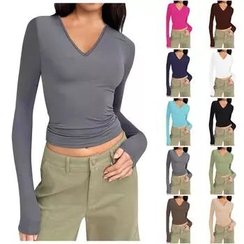 Женская мода повседневная футболка с V-образным вырезом и длинным рукавом, однотонные топы L чёрный