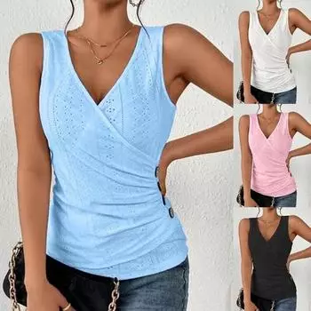 Women s Fashion Casual V-neck Sleeveless T-shirt Summer Slim Fit T Shirts Solid Color XXXL белый