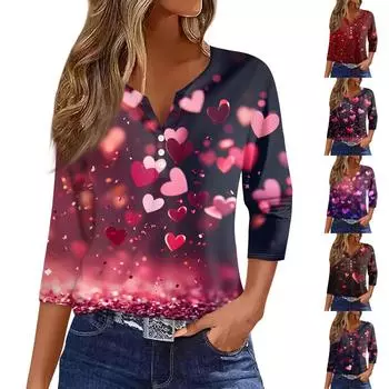 Women s Fashion Casual Valentine s Day Print V-Neck Decorative Button Three-quarter Sleeve T-Shirt Top L