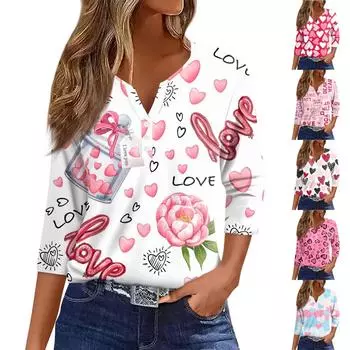 Women s Fashion Casual Valentine s Day Print V-Neck Decorative Button Three-quarter Sleeve T-Shirt Top L белый