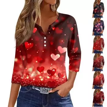 Women s Fashion Casual Valentine s Day Print V-Neck Decorative Button Three-quarter Sleeve T-Shirt Top S киноварь