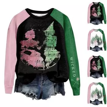 Women s Fashion Casual Valentine s Day Witch Print Round Neck Straight Shoulder Sweatshirt Top L чёрный
