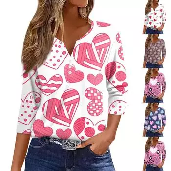 Women s Fashion Casual Valentine s Day Print V-Neck Decorative Button Three-quarter Sleeve T-Shirt Top S кофейный