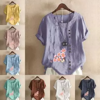 Women s Fashion Cherry Blossoms Prined Short Leeve T-shirt Loose Cotton Shirt Casual Loose Summer Blouse Tops Plus Size S розовый