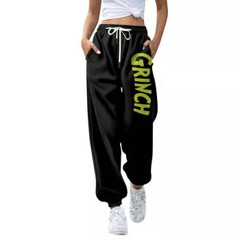 Women s Fashion Christmas Loose Drawstring Waist Solid Color Casual Sweatpants Pants M чёрный