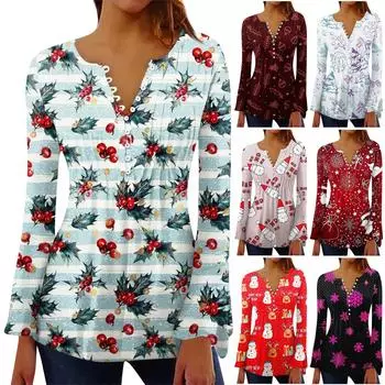 Женская модная рождественская футболка с V-образным вырезом и длинными рукавами, расклешенная, с пуговицами M циан