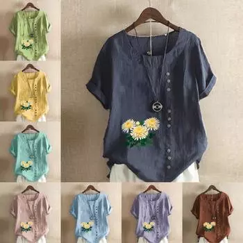 Женская модная футболка с круглым вырезом и коротким рукавом с принтом хризантемы, повседневная рубашка из хлопка и льна с рисунком, свободная летняя блузка для отдыха, топы S розовый