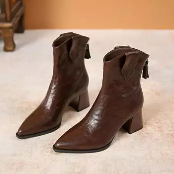 Women s Fashion Chunky Heel Boots Fall New Pointy Sleeve Back Zipper Temperament Comfortable High Heels 34 чёрный