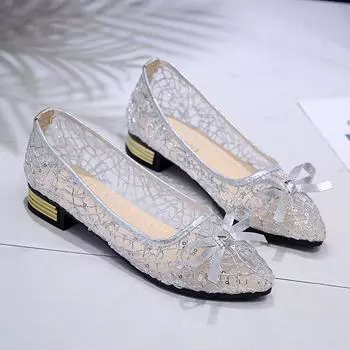 Women s Fashion Chunky Shoes Fall New Pointy Head Shallow Mouth Butterfly Knot Sequin Cloth Soft Soles Non-slip Low Top Shoes 35 золотой