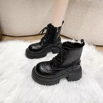 Women s Fashion Chunky Single Boots Autumn New Round Head Front Lacing Side Zipper Anti-slip Wear-resistant Short Boots 35 чёрный