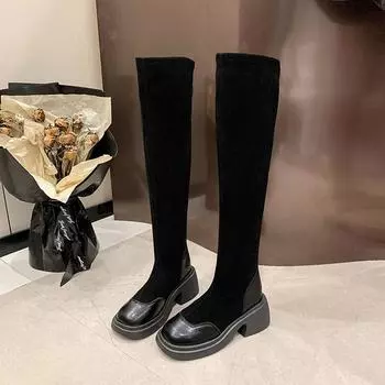 Women s Fashion Chunky Single Boots Autumn New Round Head Splicing Suede Thick Soled Over Knee Non-slip Boots 35 чёрный