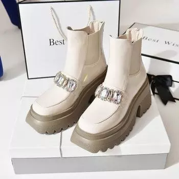 Women s Fashion Chunky Single Boots Fall New Square Head Rhinester Buckle Back Zipper Thick Sole Short Boots 35 бежевый