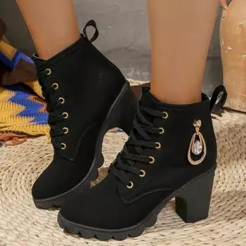 Women s Fashion Chunky Single Boots Winter New Round Head Suede Front Lacing Metal Buckle Thick Soled Short Boots 35 чёрный