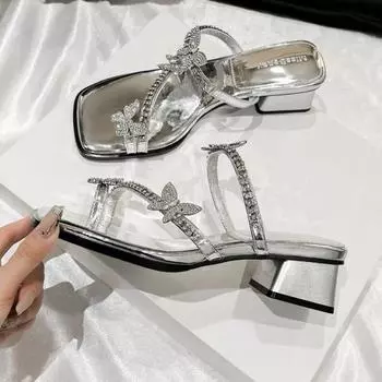 Women s Fashion Chunky Slippers Summer New Square Head Set Toe Rhinester Butterfly Knot Fine Belt High Heels 35 чёрный