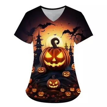 Женская модная одежда Хэллоуин Серия 3D Печать Медсестра Рабочий костюм V-образный вырез Футболка Карман Женская с коротким рукавом Смешной Хип-Хоп XS