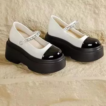 Women s Fashion Coarse Heel Shoes Autumn New Round Head Shallow Mouth Color Matching Metal Chain Wedge Heel Low Shoes 35 белый