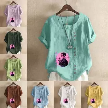 Women s Fashion Cool Girl Prined Round Neck Short Sleeve T-shirt Casual Cotton Linen Graphic Shirt Leisure Loose Summer Blouse Tops S розовый