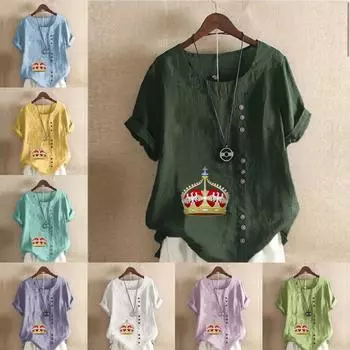 Женская модная футболка с круглым вырезом и коротким рукавом с принтом «Корона», повседневная рубашка из хлопка и льна с рисунком, свободная летняя блузка для отдыха, топы S розовый