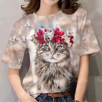 Women s Fashion Cute Cat Printed Summer New Short Sleeve Casual Pullovers Streetwear S