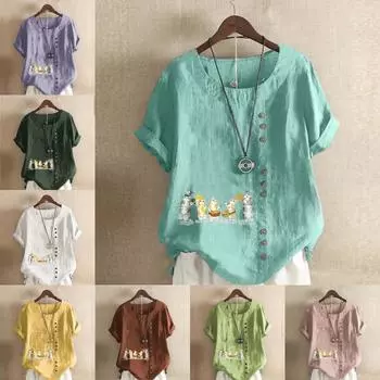 Women s Fashion Cute Kittens Prined Short Sleeve T-shirt Loose Cotton Shirt Casual Loose Summer Blouse Tops Plus Size S розовый