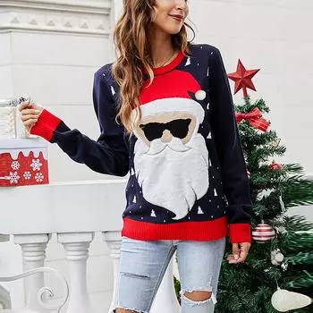 Women s Fashion Cute Round Neck Pullover Loose Christmas Sweater L