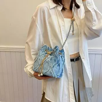 Women s Fashion Denim Crossbody Bag Diamond Quilted Shoulder Purse with Chain Strap & Drawstring Closure for Daily Use commute