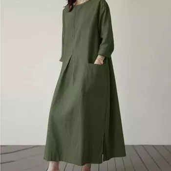 Women s Fashion Dress Spring Round Neck Long Sleeve Casual Style Women s Dress L армия зеленый