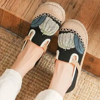 Женская мода этнический стиль вышитые туфли из ткани пэчворк туфли без застежек удобные плетеные подошвы балетки 35 чёрный