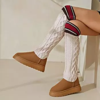 Women s Fashion Flat Snow Boots Winter New Round Head Suede Stitching Wool Thick Soled Comfortable Thigh-high Boots 36