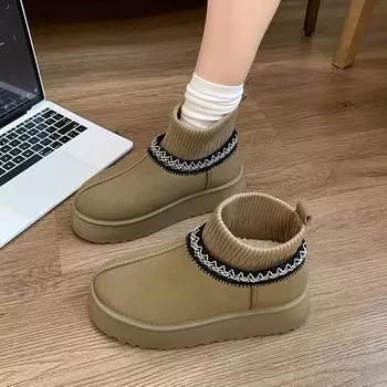 Женские модные зимние сапоги на плоской подошве, новые зимние сапоги из замши с круглым носком, противоскользящие, износостойкие, с толстой подошвой, из хлопка 35 чёрный