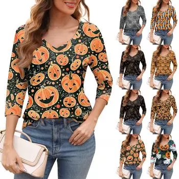 Women s Fashion Floral Print V-Neck Three Quarter Sleeve T-Shirt Casual Top L розовый