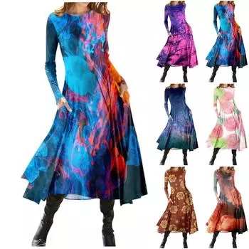 Женская мода Цветочный градиентный принт с круглым вырезом и длинным рукавом Slim Fit Платье средней длины L имбирный