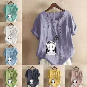 Женская мода Девушка с принтом Футболка с круглым вырезом и короткими рукавами Повседневная хлопково-льняная графическая рубашка Досуг Свободная летняя блузка Топы S розовый