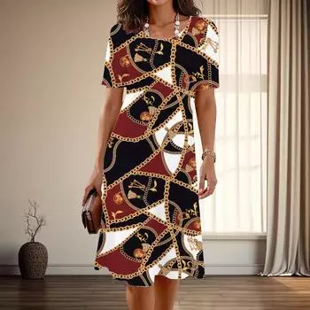 Women s Fashion Graceful Rope Pattern Print Summer Spring Short Sleeve O-Neck Casual Dresses XS чёрный