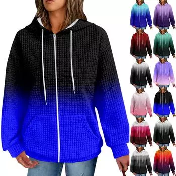 Женская мода градиентный принт длинный рукав пальто карман свободная молния с капюшоном толстовка куртка L