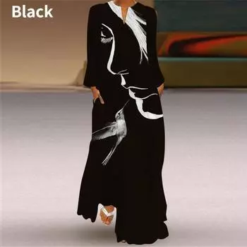Women s Fashion Graphic Print Maxi Dresses V Neck Long Sleeve Loose Floor Length Dress Casual Long Dress with Pocket S