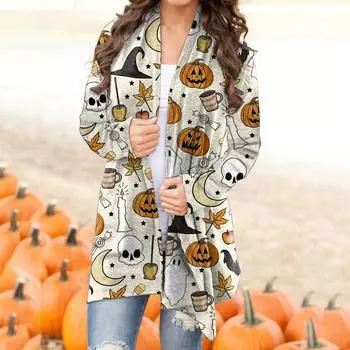 Women s Fashion Halloween Cats Print Cardigan Jacket XXXL