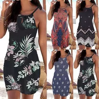 Женское модное платье с бретелью через шею, без рукавов, сексуальное повседневное короткое платье, летнее классное пляжное платье S