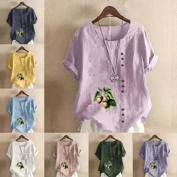 Women s Fashion Hazelnut Prined Round Neck Short Sleeve T-shirt Casual Cotton Linen Graphic Shirt Leisure Loose Summer Blouse Tops S розовый