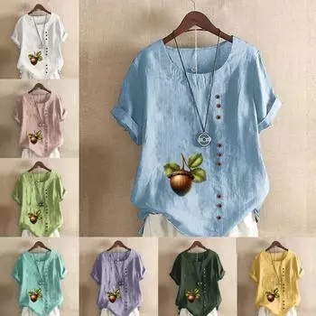 Women s Fashion Hazelnut Prined Round Neck Short Sleeve T-shirt Casual Cotton Linen Graphic Shirt Leisure Loose Summer Blouse Tops S розовый