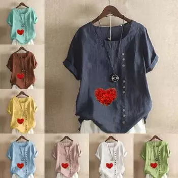 Женская модная футболка с коротким рукавом и цветочным принтом в форме сердца, свободная хлопковая рубашка, повседневная свободная летняя блузка, топы больших размеров S розовый