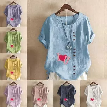 Women s Fashion Heart-shaped Prined Round Neck Short Sleeve T-shirt Casual Cotton Linen Graphic Shirt Leisure Loose Summer Blouse Tops S розовый