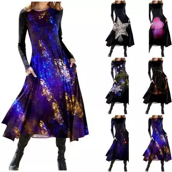 Женское модное платье с принтом в виде снежинок в форме сердца, круглым вырезом, длинным рукавом, облегающим фасоном, средней длины L бежевый